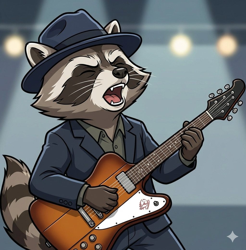 Reuben Raccoon playing guitar pic